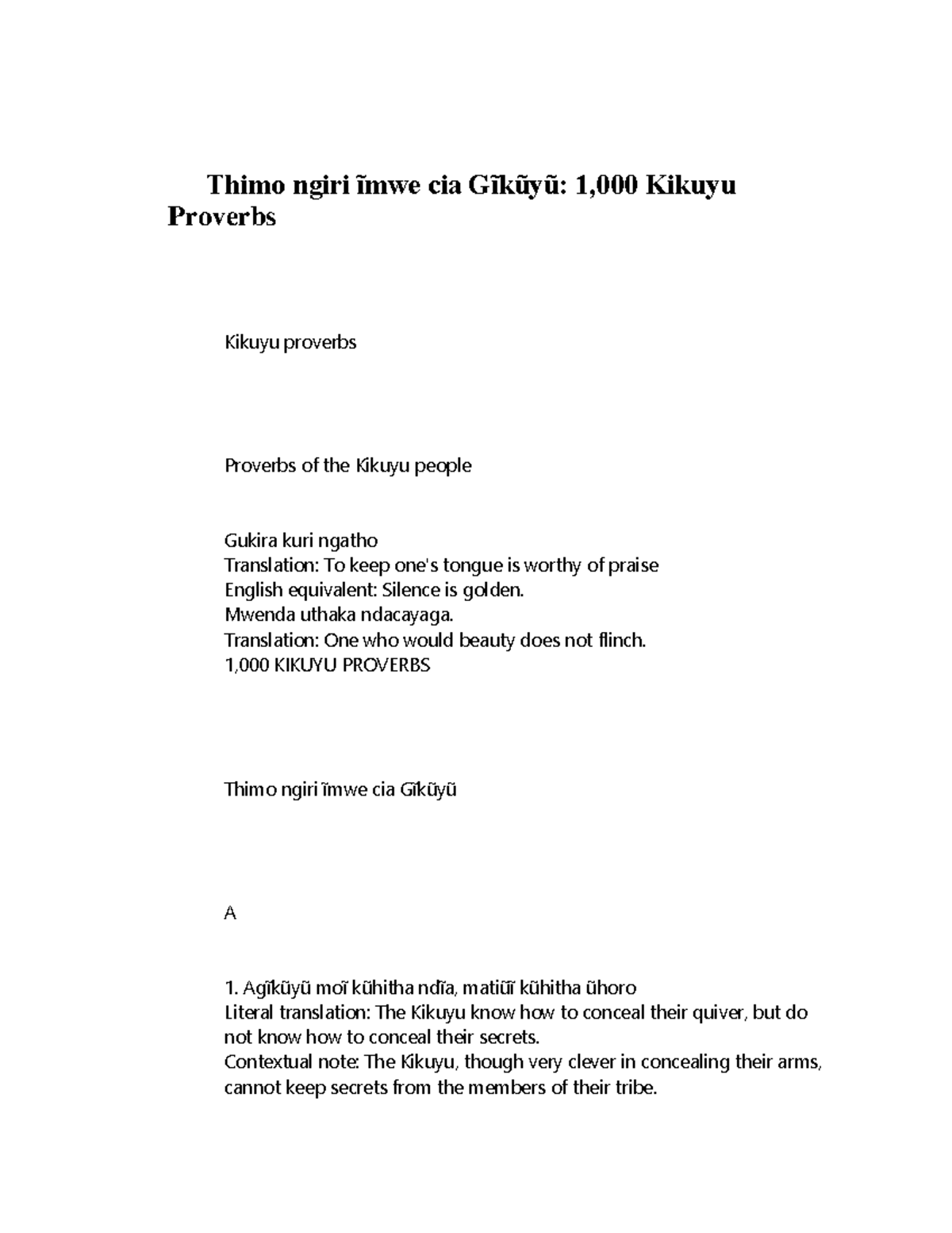 1,000 Kikuyu Proverbs - Insight into Gĩkũyũ Culture - Studocu