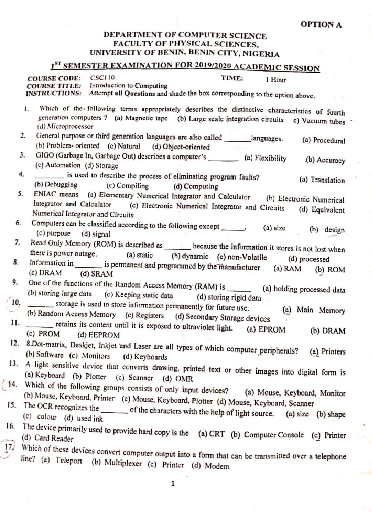 CSC 110 Final Exam Past Questions and Answers (2019-2020) - Studocu