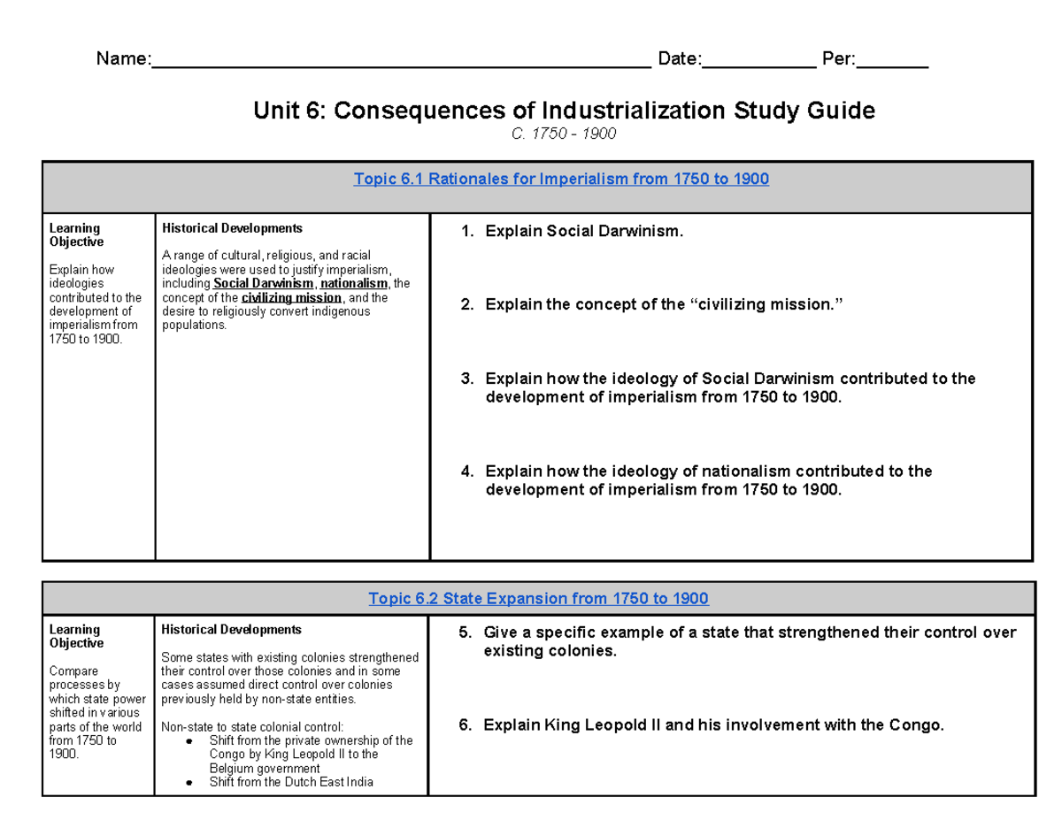 AP World History Unit 6 Study Guide: Industrialization & Imperialism ...