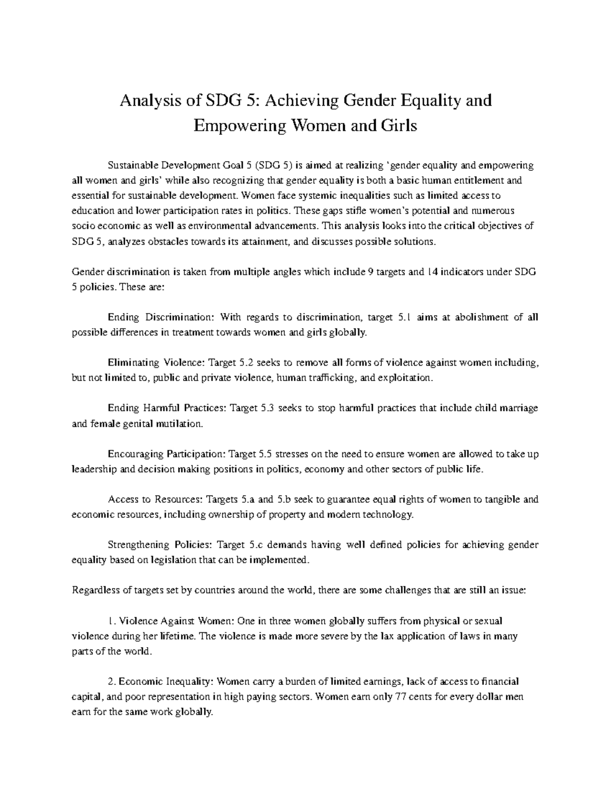 Analysis of SDG 5: Gender Equality & Empowerment of Women - Studocu