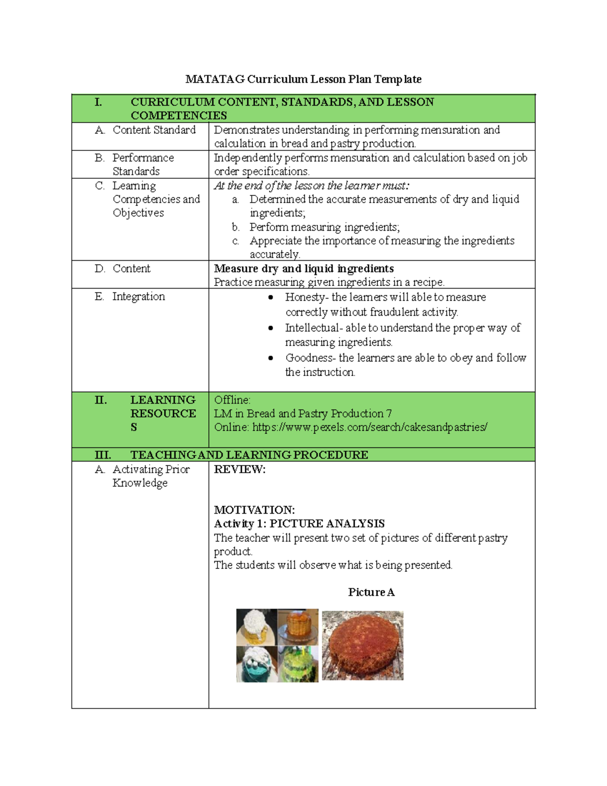 MATATAG Curriculum Lesson Plan: Measuring Techniques in Bread & Pastry ...