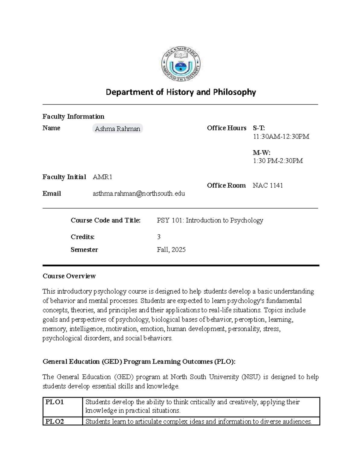 Course Outline for PSY 101: Intro to Psychology - Fall 2025 - Studocu
