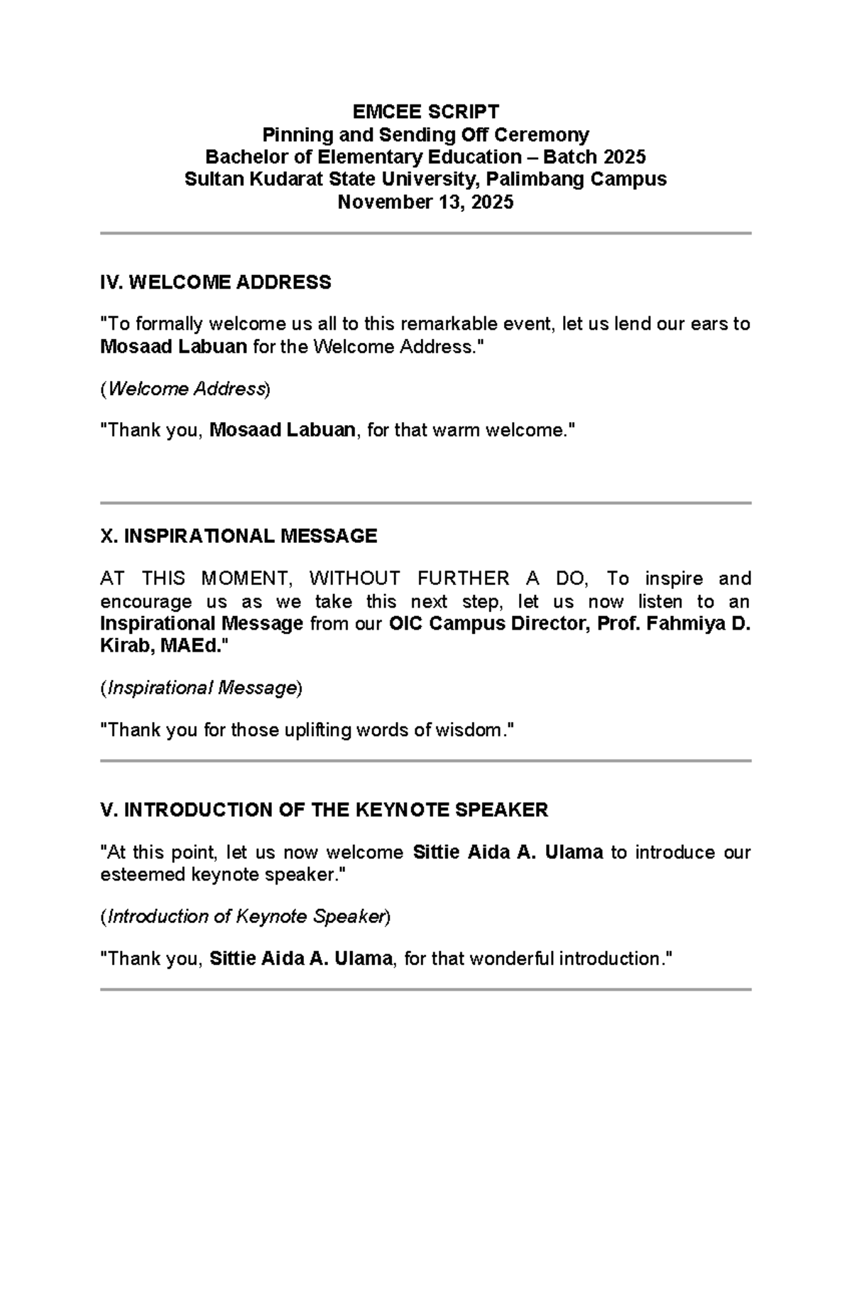 Alig script for pinning ceremony - EMCEE SCRIPT Pinning and Sending Off ...