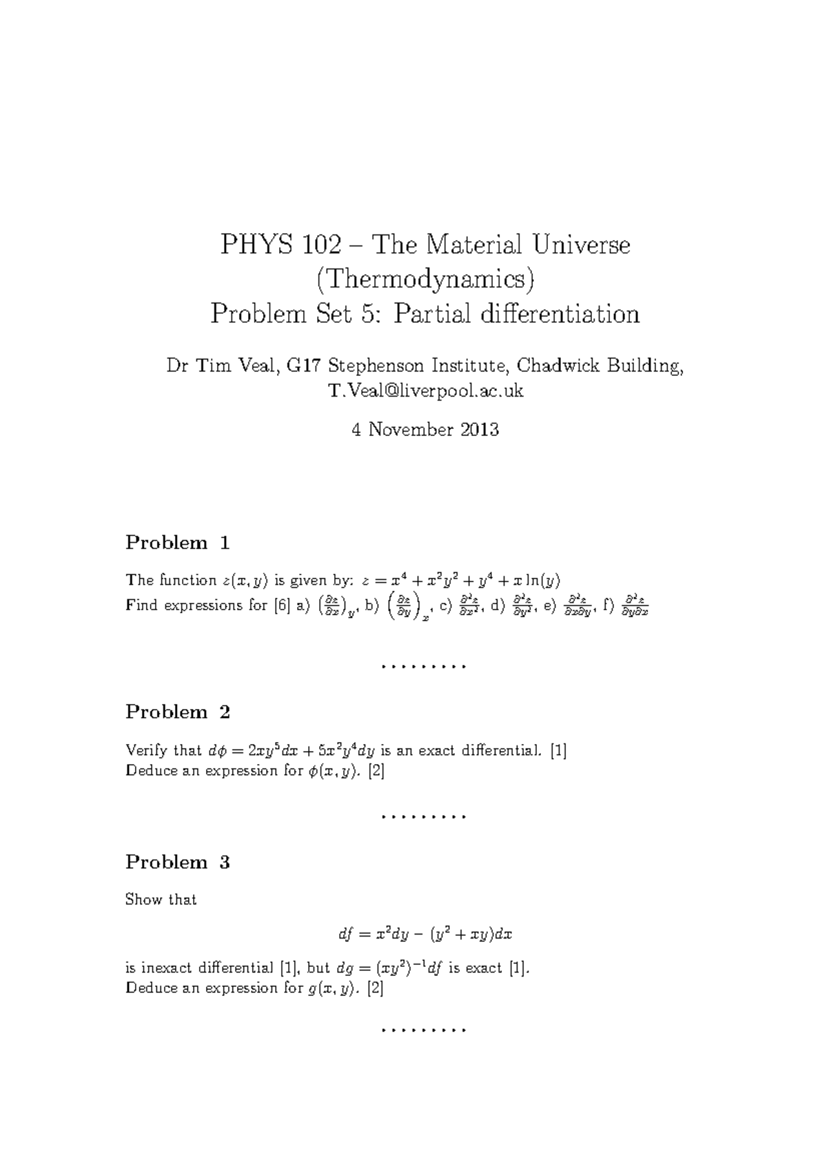 PHYS102 problems 5 - PHYS 102 – The Material Universe (Thermodynamics ...