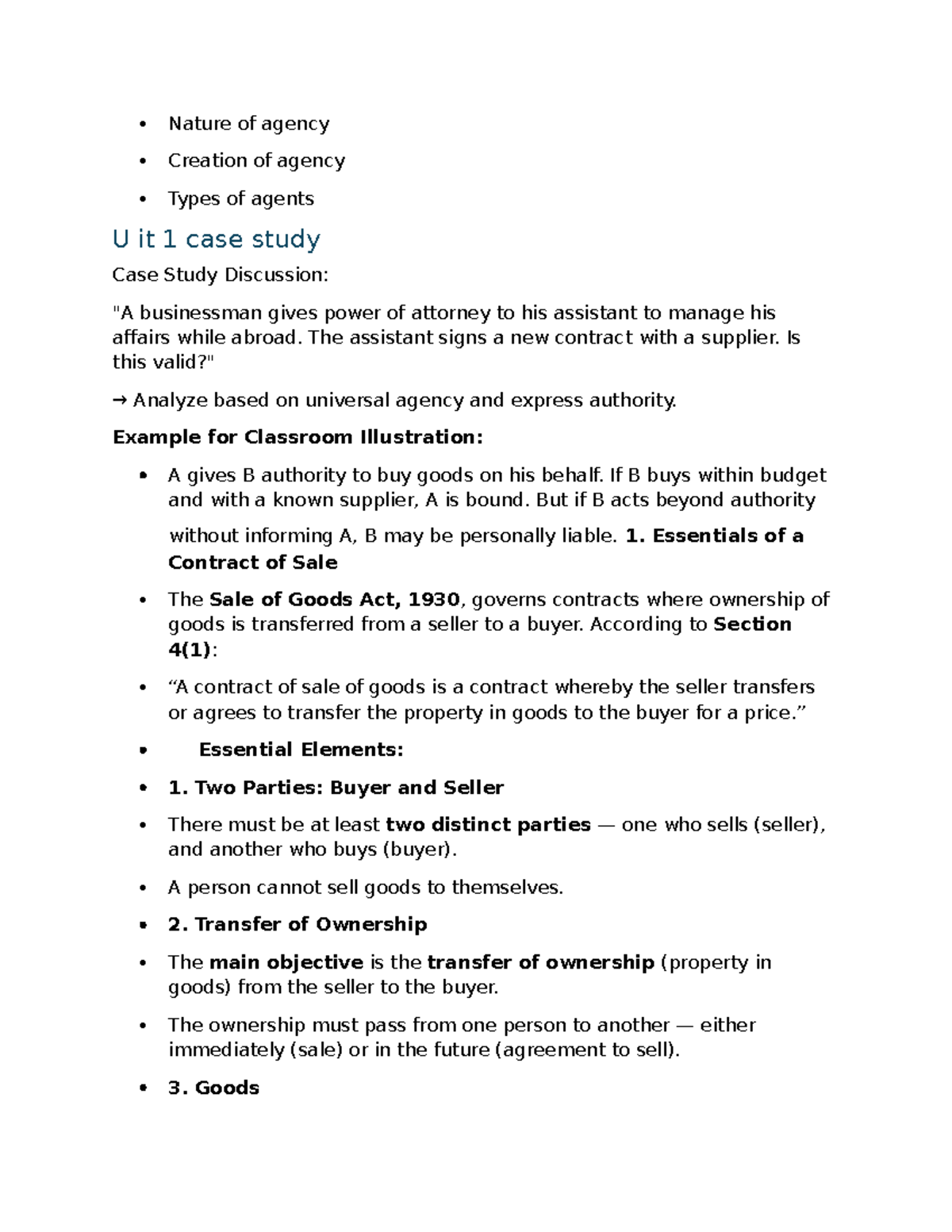 Unit 1 Case Study: Nature and Essentials of Agency in Business Law ...