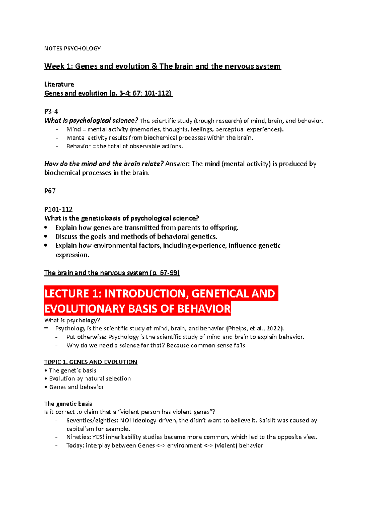 Introduction to Psychology Notes (PSY101): Genes, Evolution, and ...