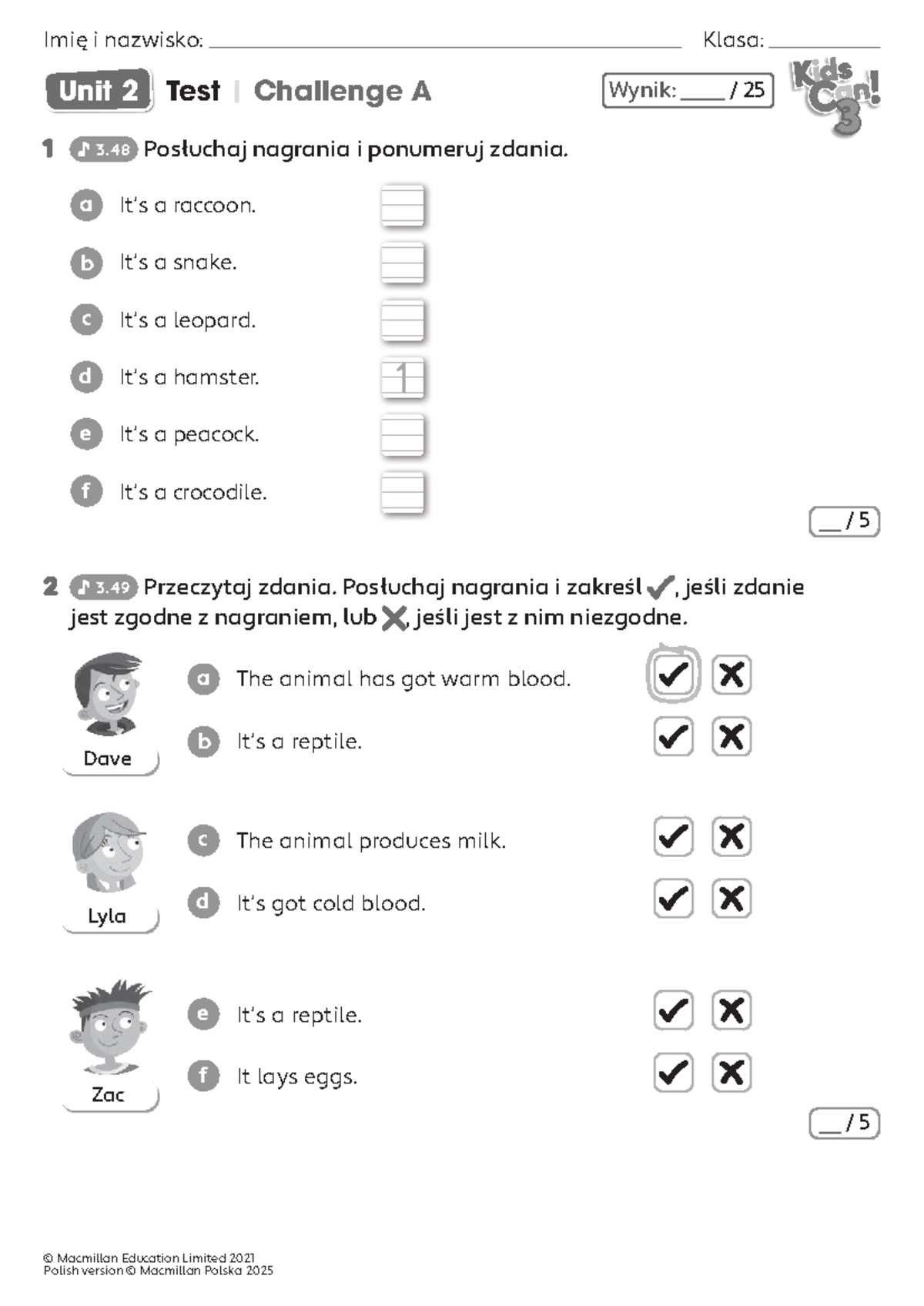 Kids Can 3 | Unit 2 Test: Challenge A - Studocu