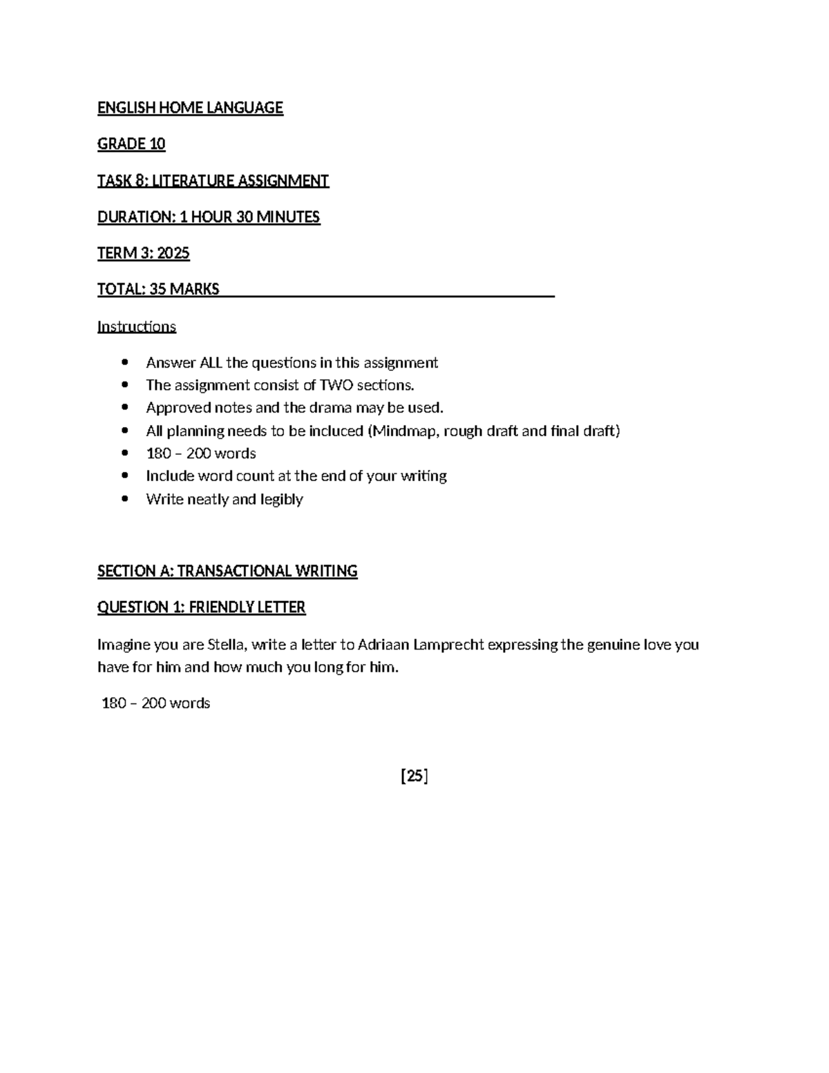 ENGLISH HL GRADE 10 TERM 3 TASK 8: LIT ASSIGNMENT DETAILS - Studocu