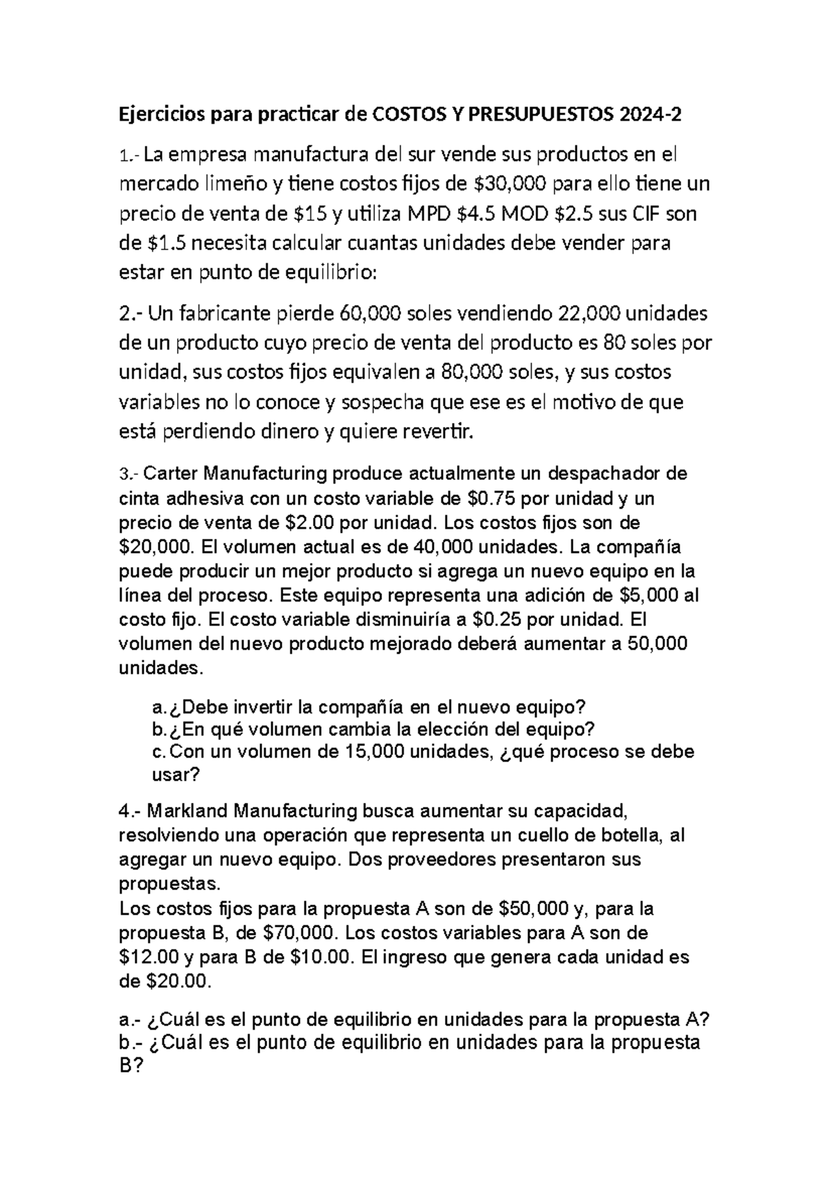 Ejercicios para practicar de Costos Y Presupuestos 2024 - Ejercicios ...