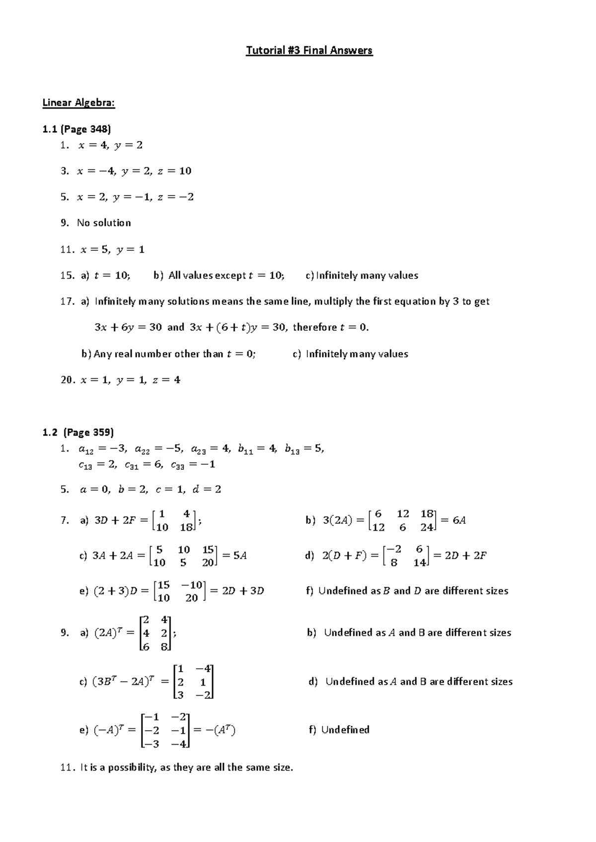 Tutorial 3 Final Answers for Linear Algebra (MATH101) - Studocu