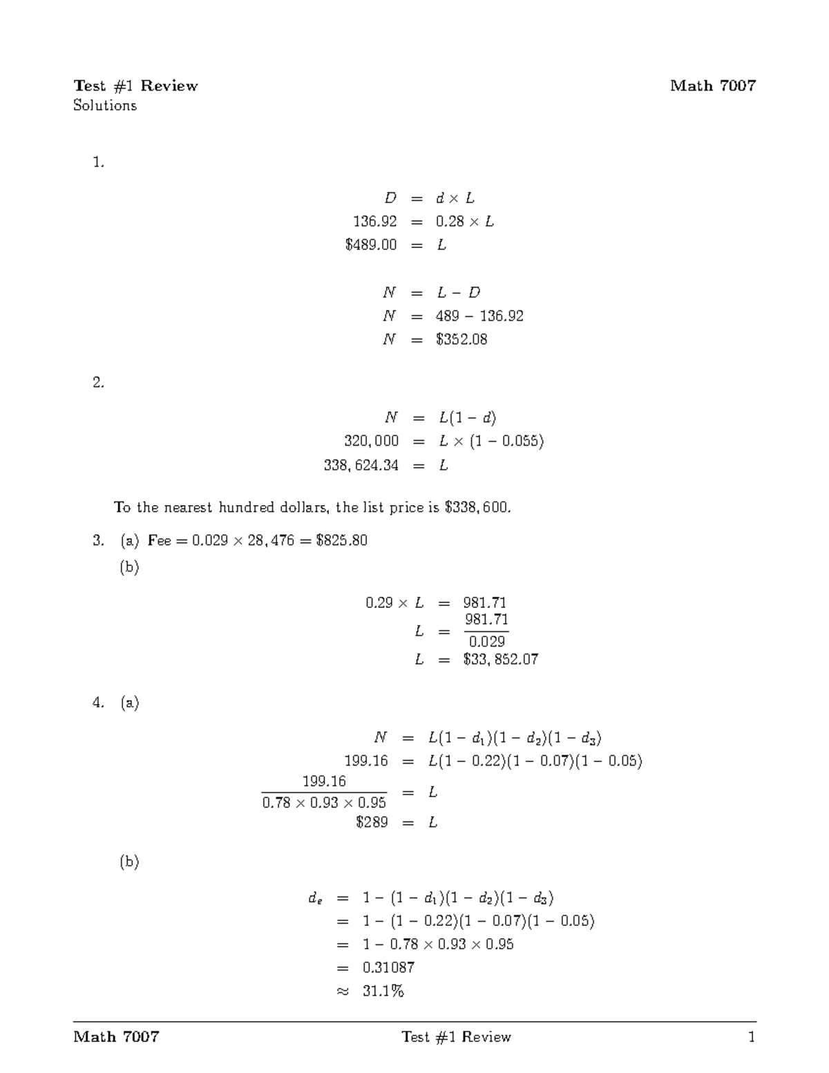 Math 7007 Test 1 Review and Solutions Summary - Studocu
