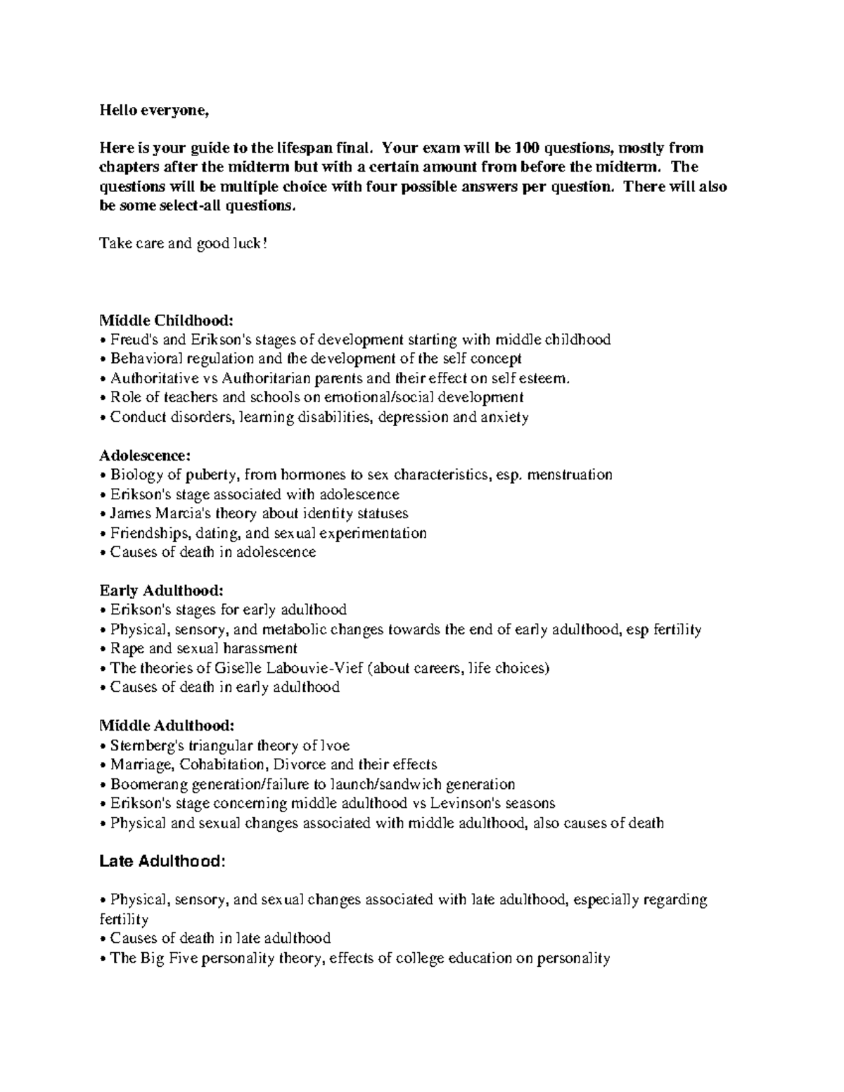Lifespan 201 Final Exam Study Guide: Key Developmental Stages - Studocu