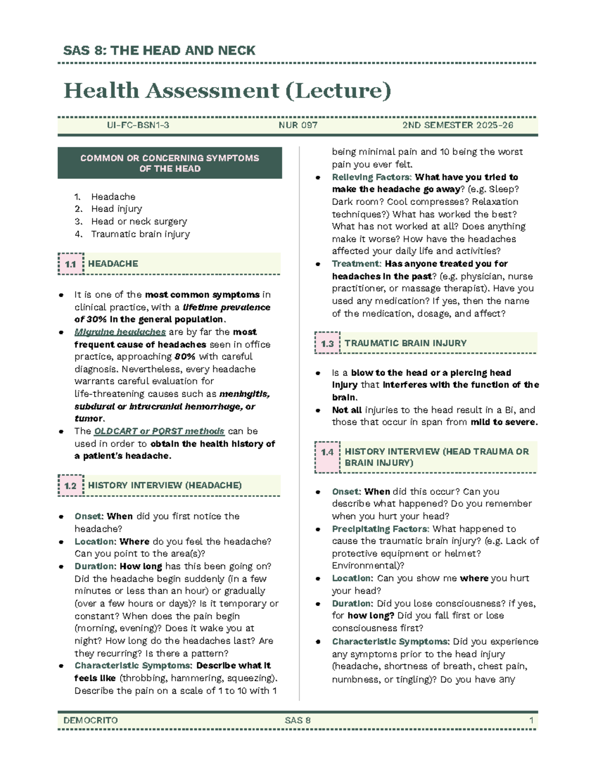 SAS 8: Health Assessment of the Head and Neck (Lecture) NUR 097 Midterm ...