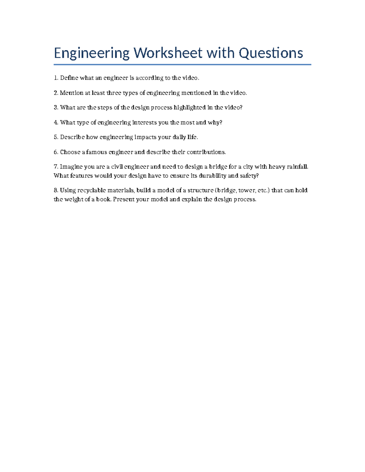 ENGR 101: Engineering Worksheet with Key Questions and Design Tasks ...