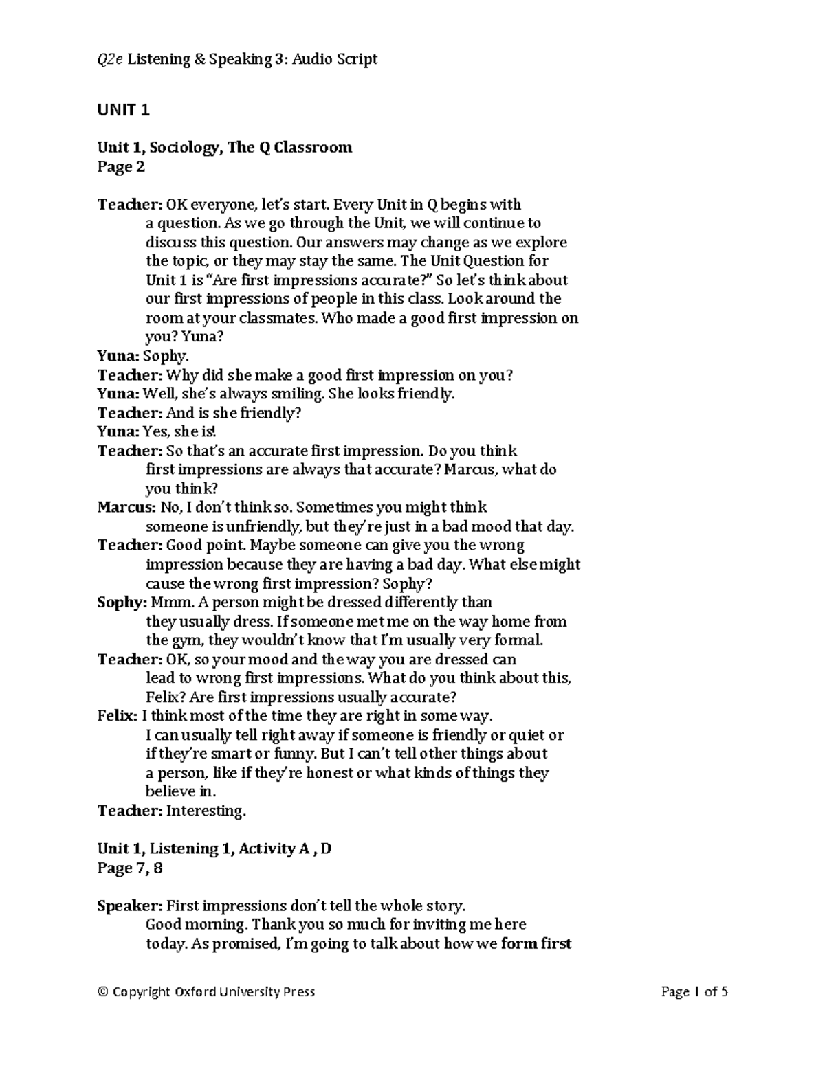 Q2e Listening Speaking 3: Unit 1 Audio Script on First Impressions ...