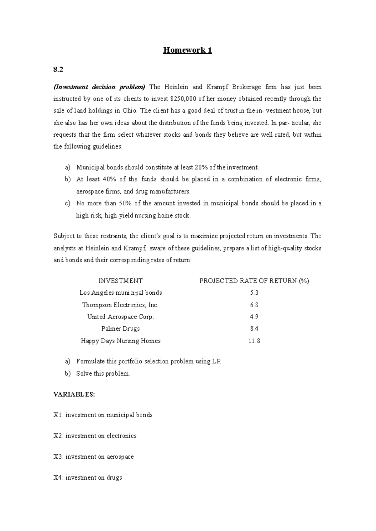 Homework 1 - Problem Set on Portfolio Selection & Linear Programming ...