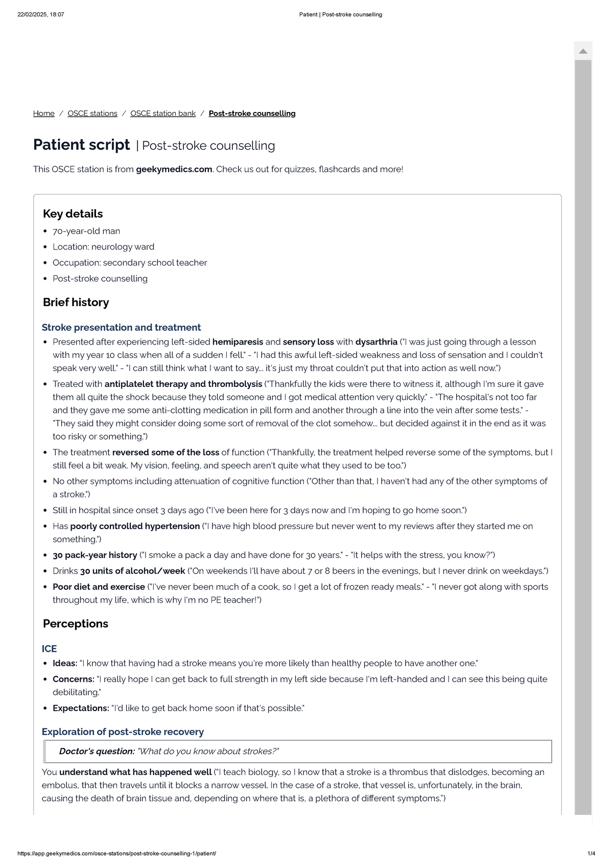 OSCE Station: Patient Post-stroke Counselling (Neurology) - Studocu