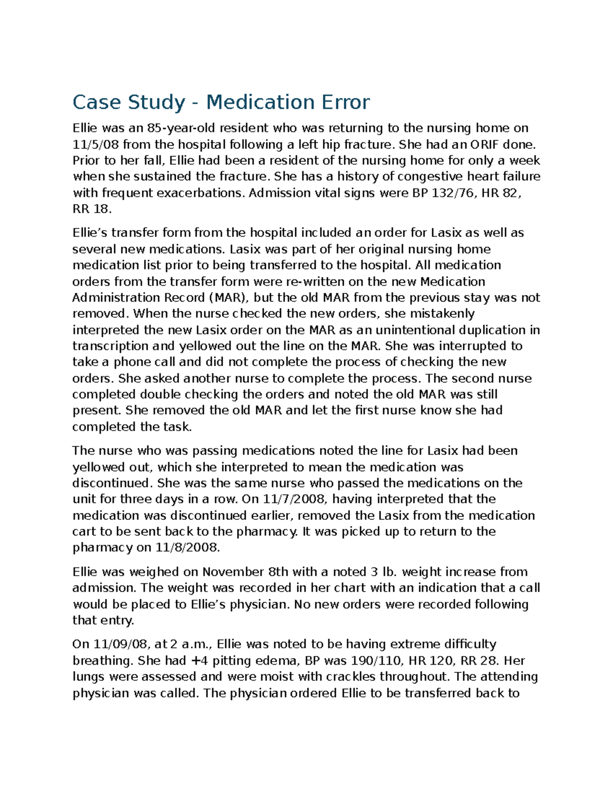 Case Study: Medication Error in Nursing Home Care - Studocu
