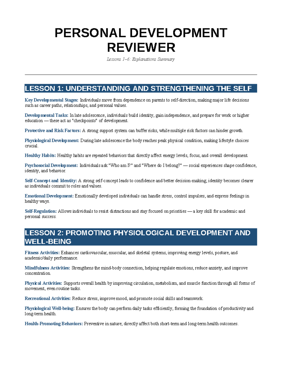 LIFE AND CAREER SKILLS REVIEWER: PERSONAL DEVELOPMENT LESSONS - Studocu