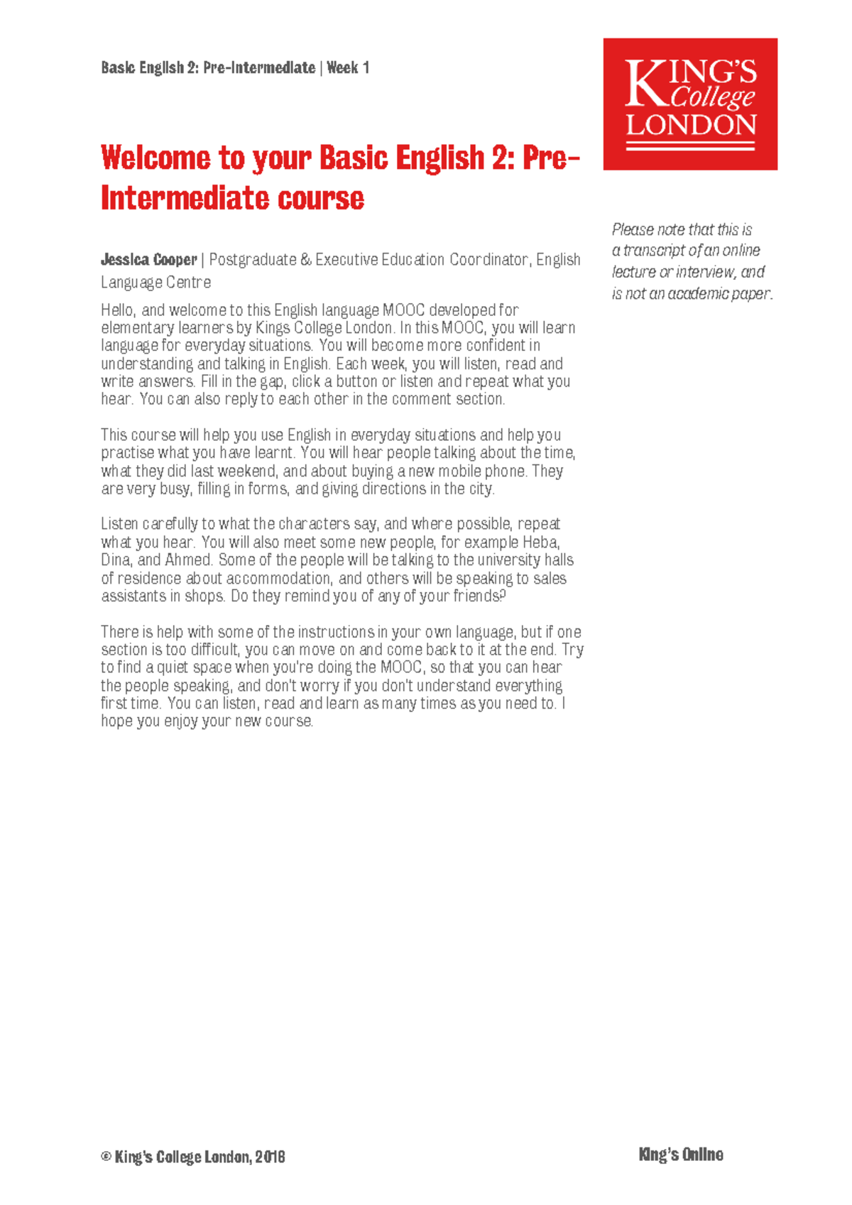 Basic English 2: Week 1 Intro to Everyday Language Learning - Studocu