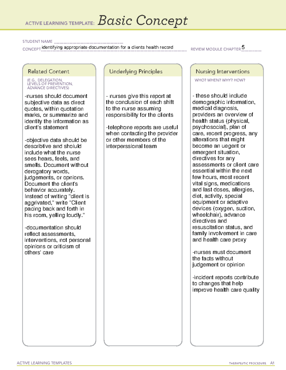 CH 5 client&rsquo;s health record ATI practice template review material 