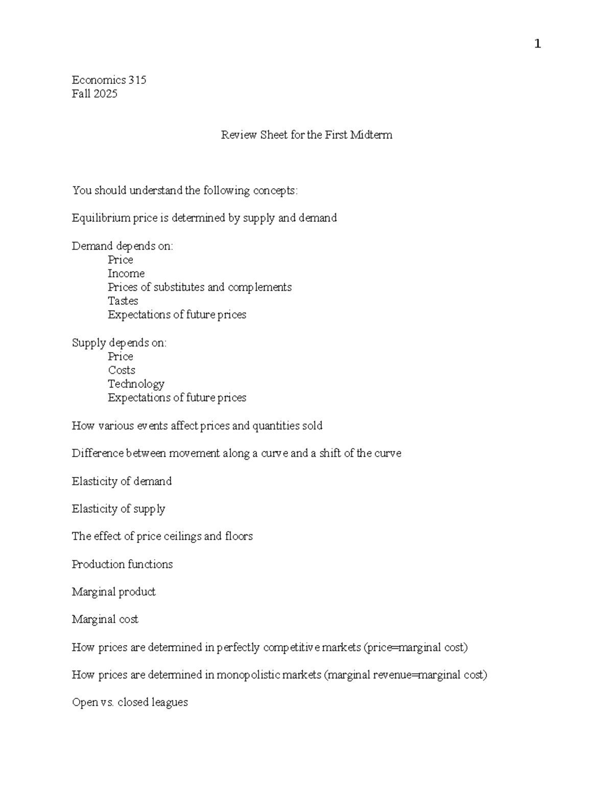Economics 315: First Midterm Exam Review Sheet (Fall 2025) - Studocu