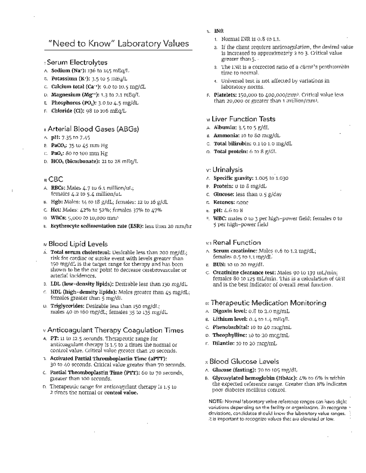 ATI LAB Values: Reference Ranges for Serum Electrolytes and More - Studocu