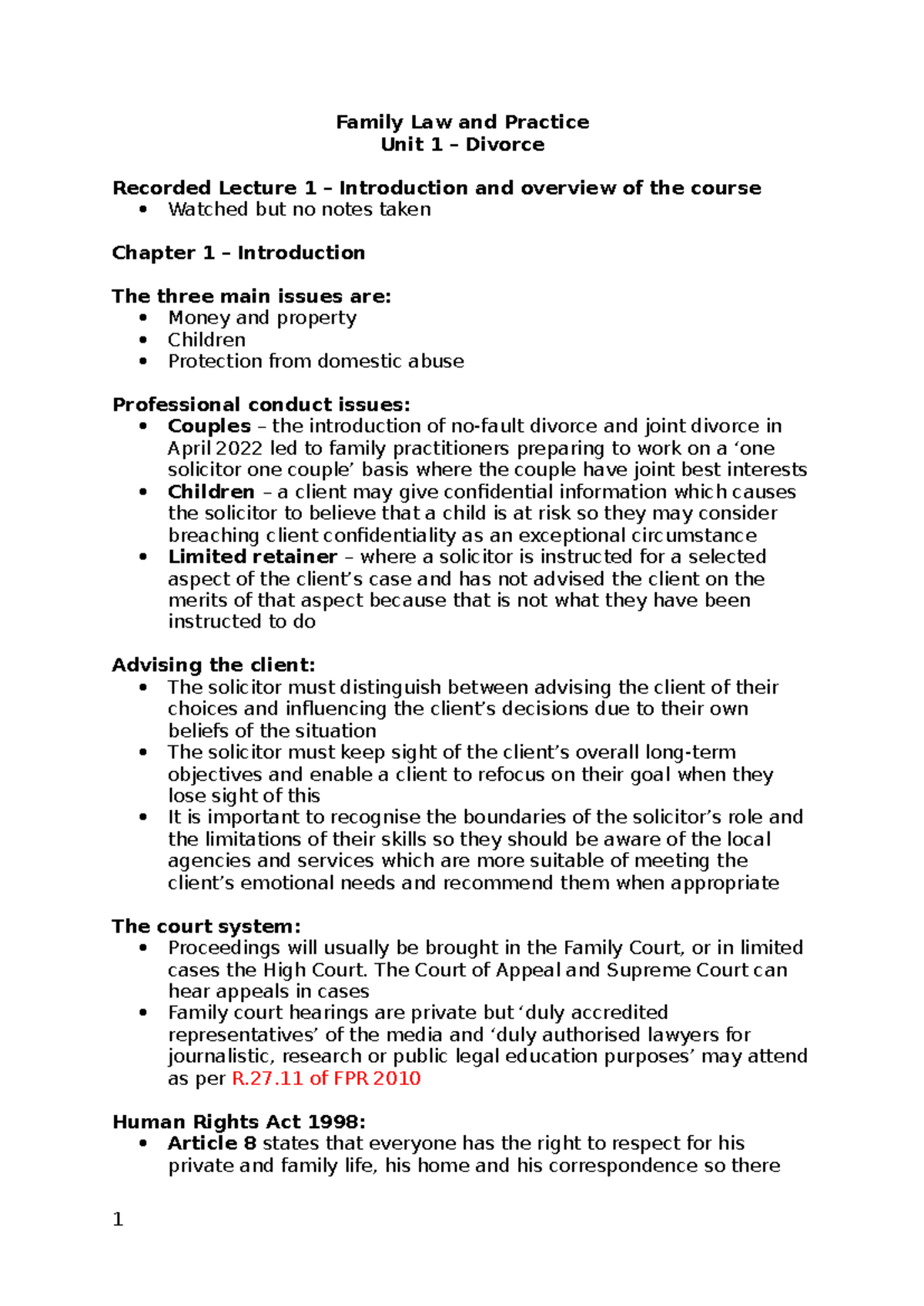 Family Law & Practice: Unit 1 Divorce Recorded Lecture Notes - Studocu