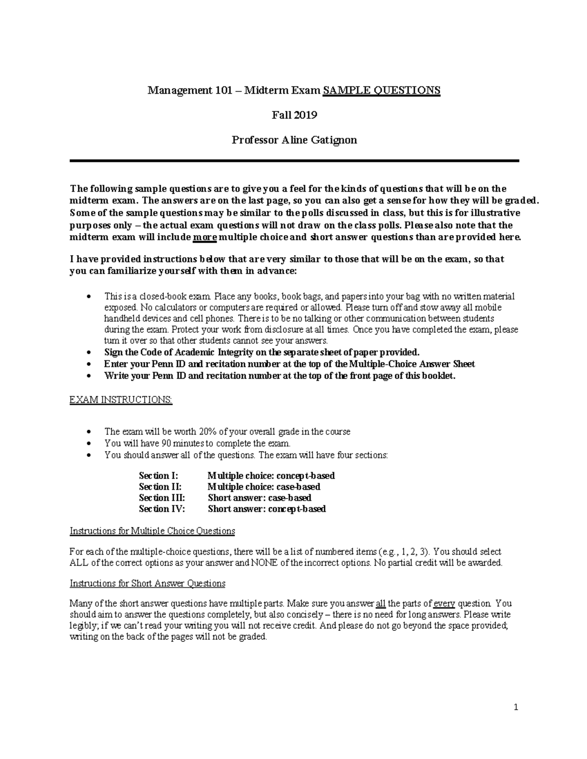 MGMT 101 – 2019 C Midterm Exam: Sample Qs & Instructions - Studocu