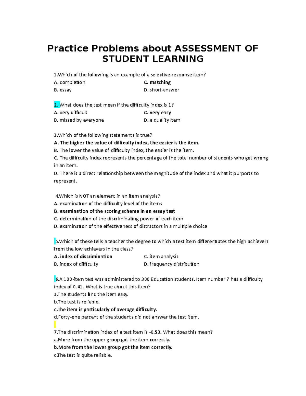 Practice Problems: Assessment of Student Learning (EDUC 101) - Studocu