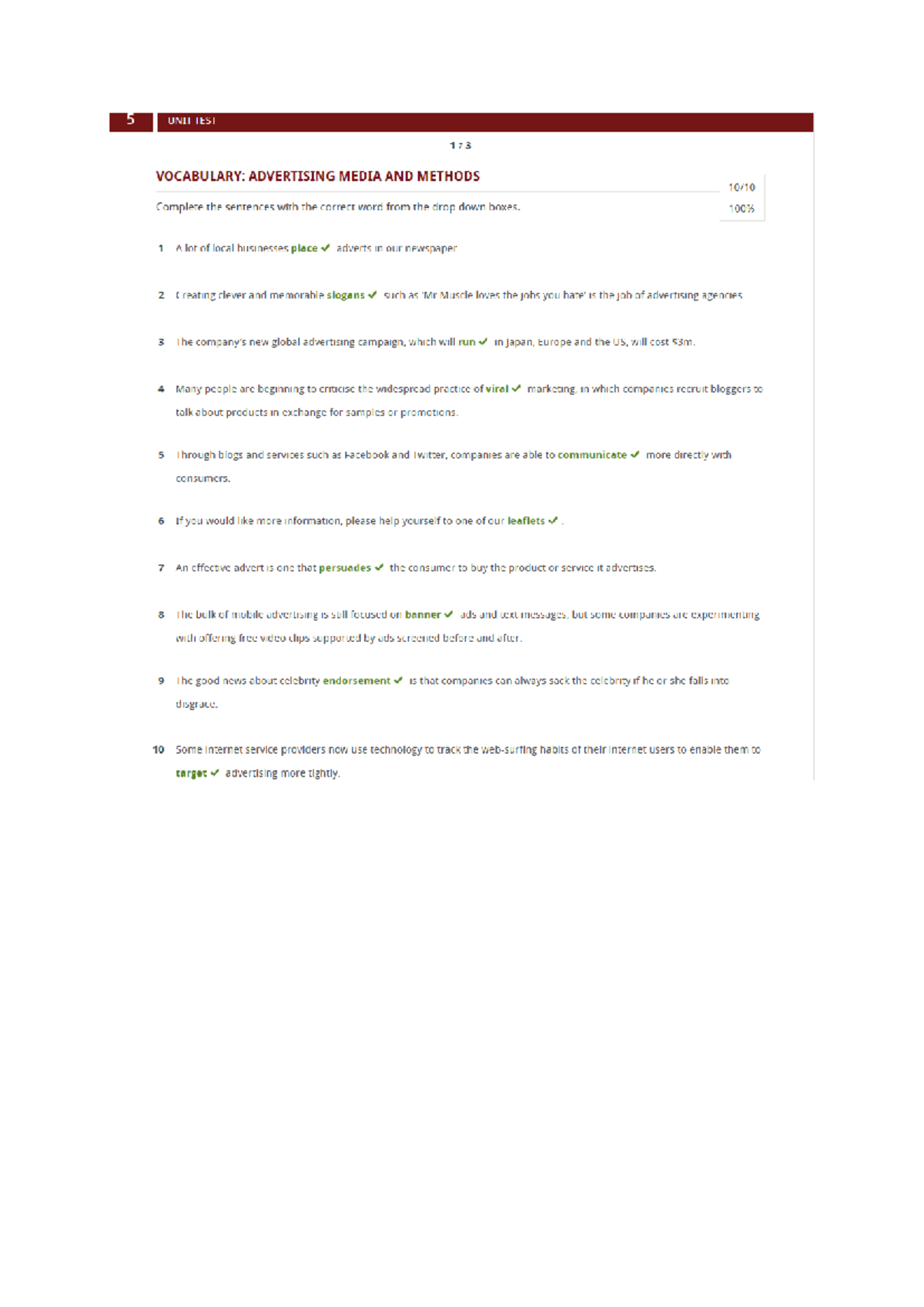 Market Leader B1 Unit Test 5: Vocabulary on Advertising Media - Studocu