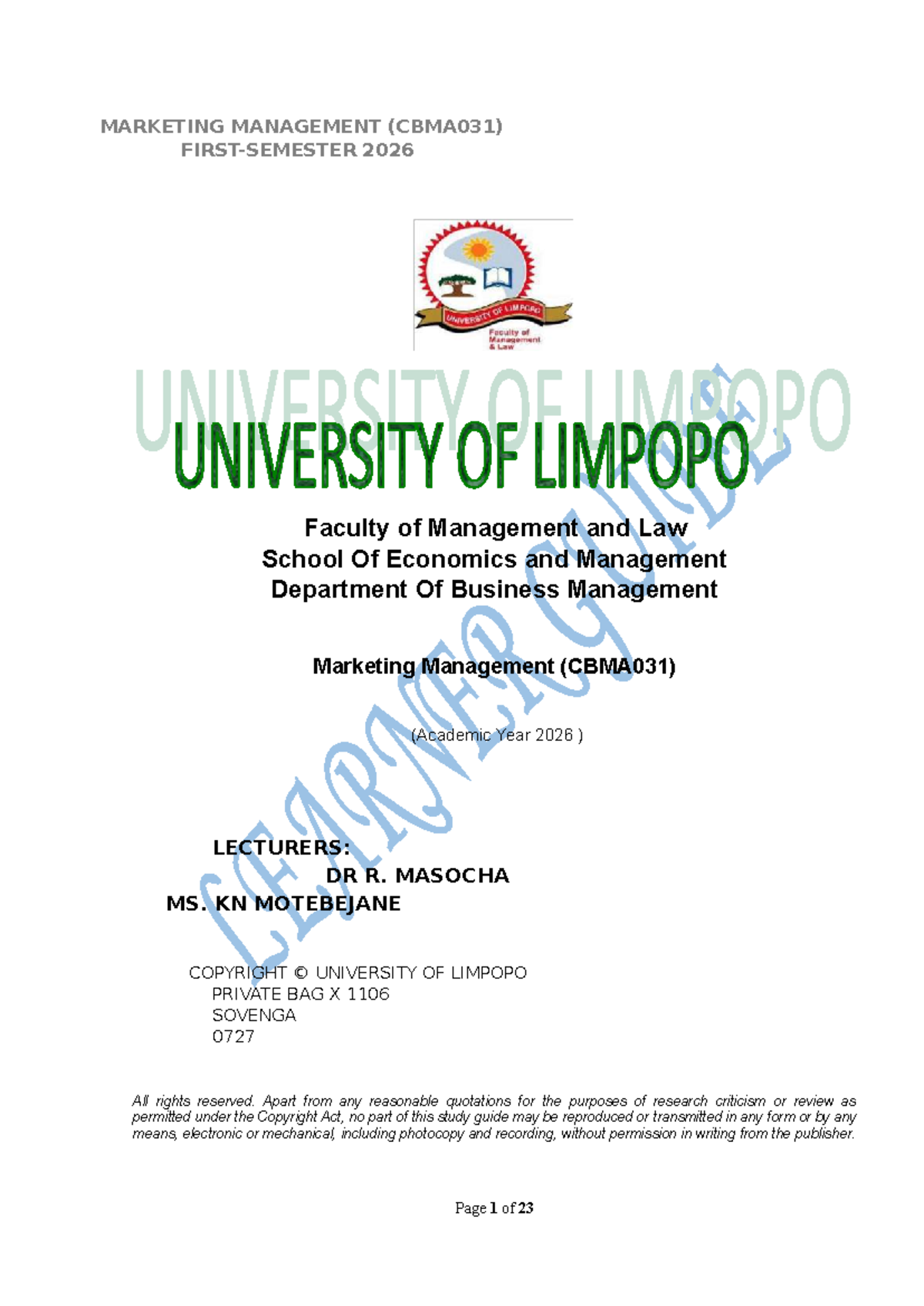 Course Outline for Marketing Management (CBMA031) - 2026 - Studocu