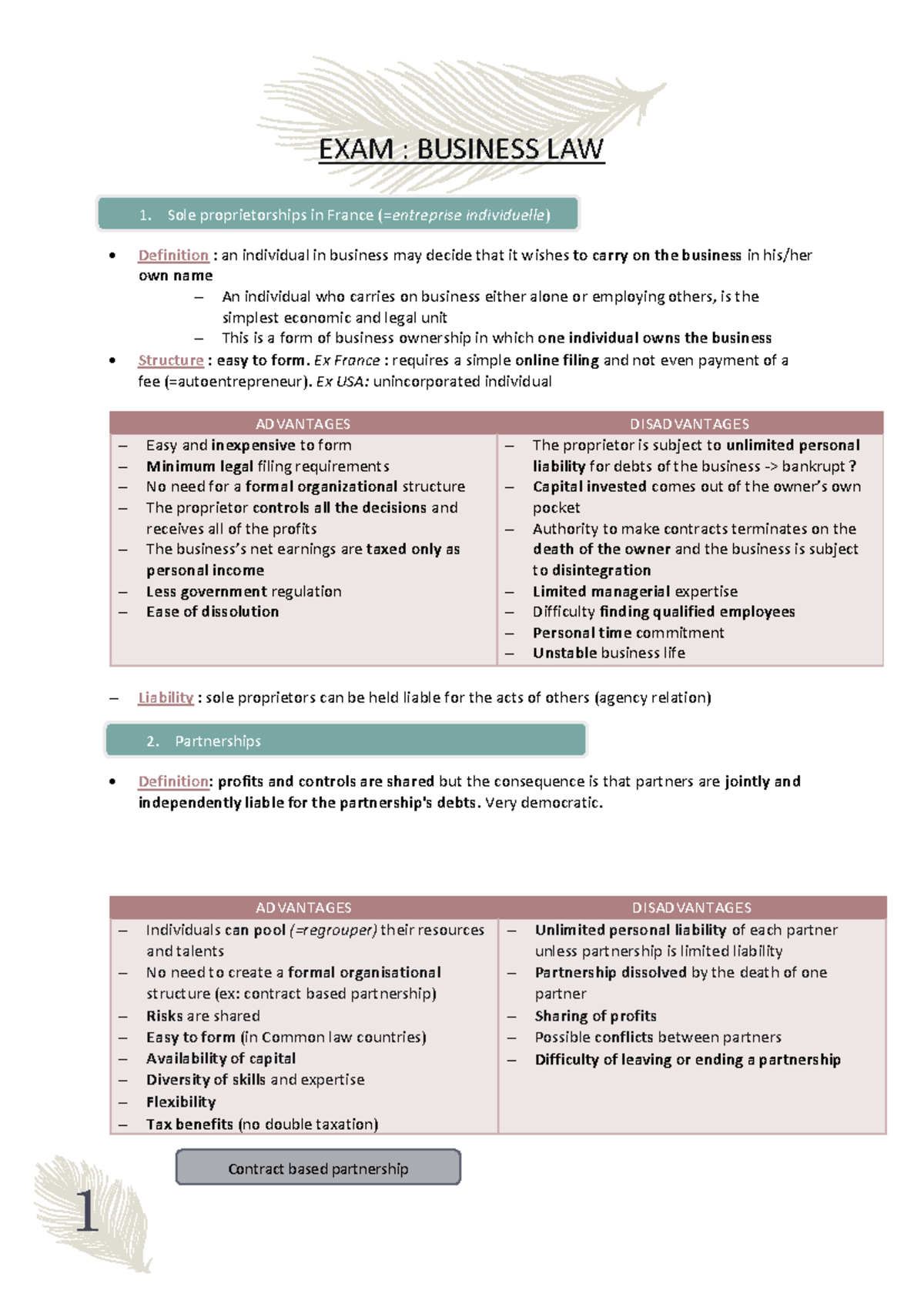 Business Law Exam Review: Key Concepts and Ownership Structures - Studocu