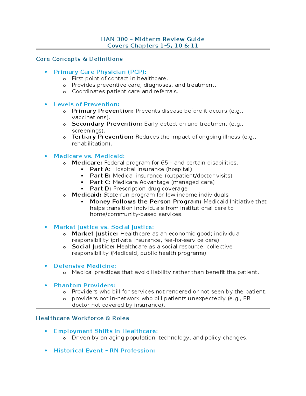 HAN 300 Midterm Review Guide: Key Concepts & Definitions - Studocu