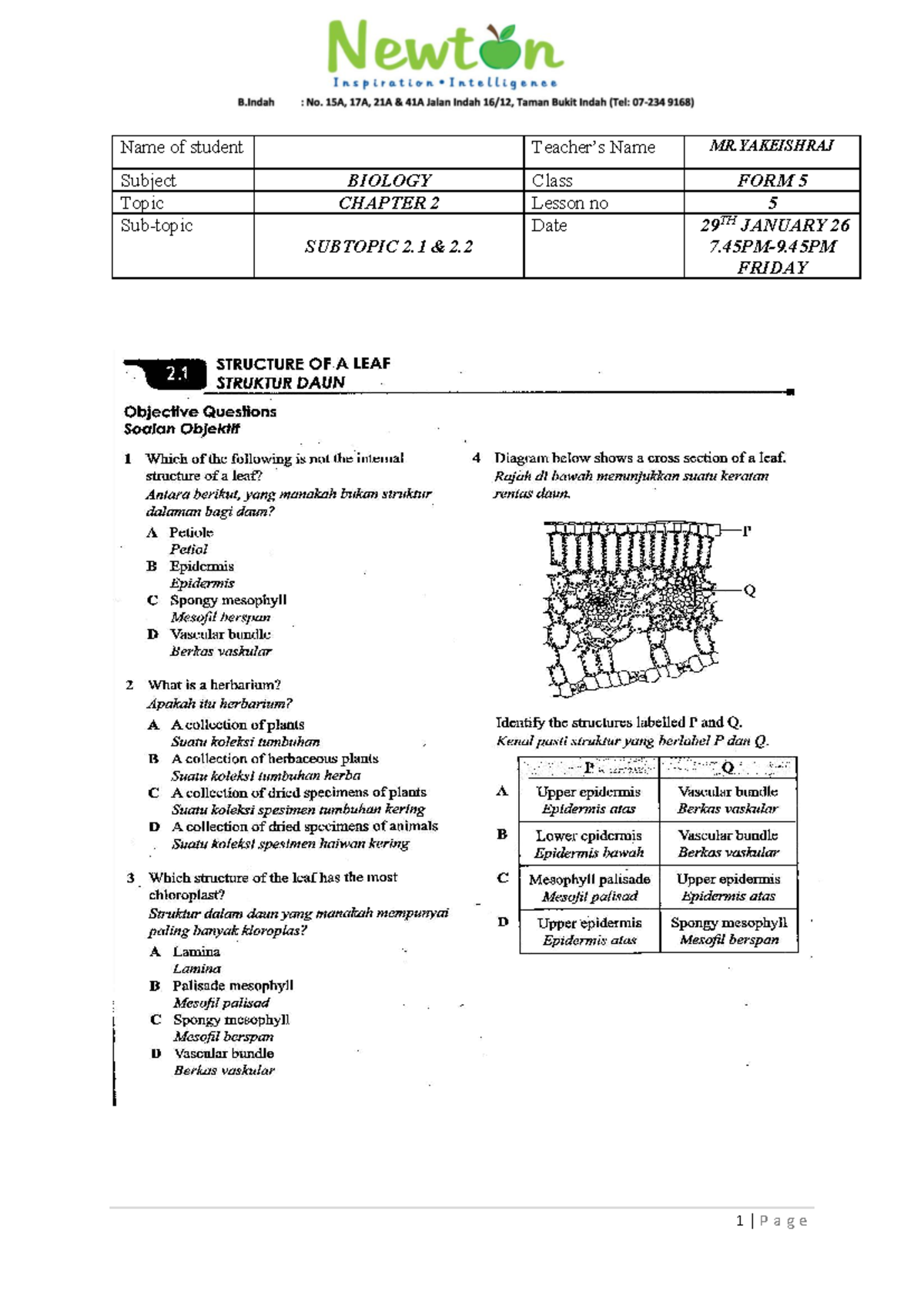 F5 Biology Lesson 5 - bio - science - Name of student Teacher’s Name MR ...