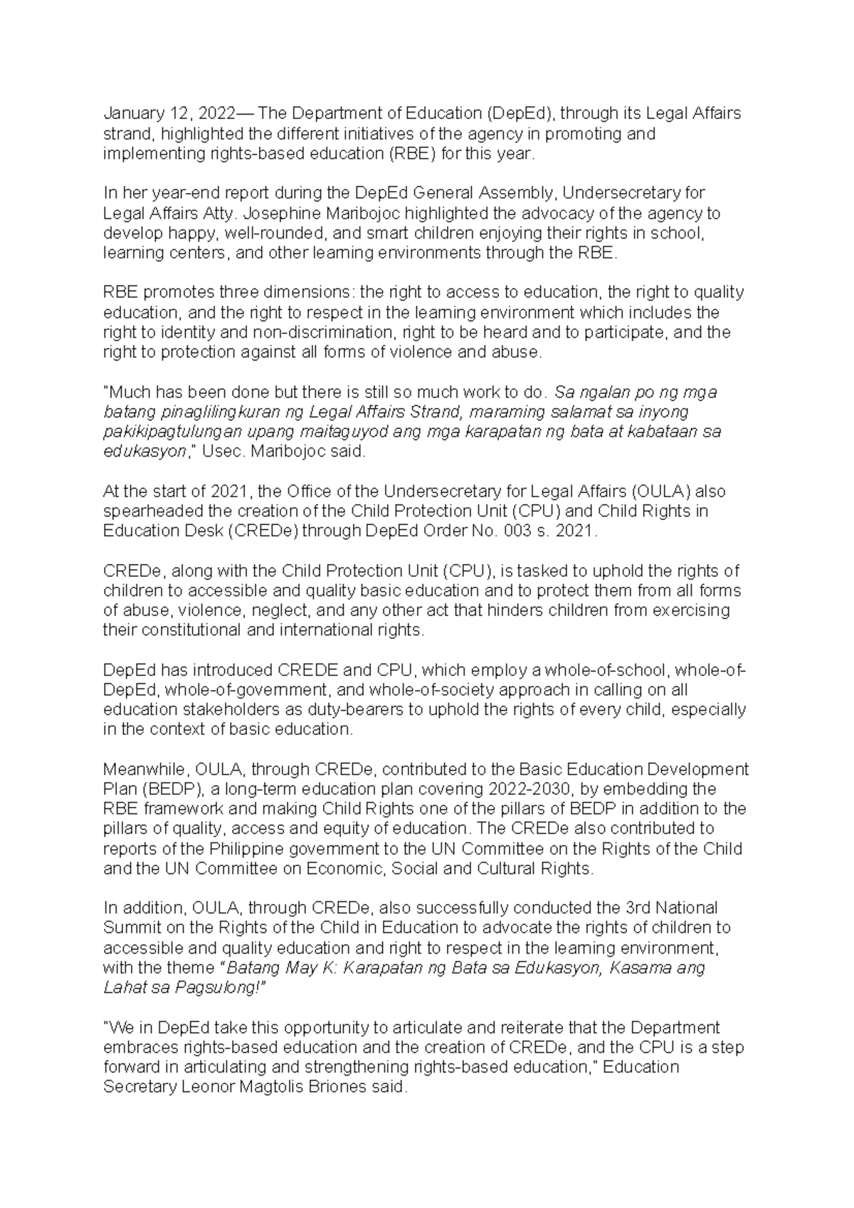 Child Rights Advocacy and Education Initiatives - DepEd Overview - Studocu