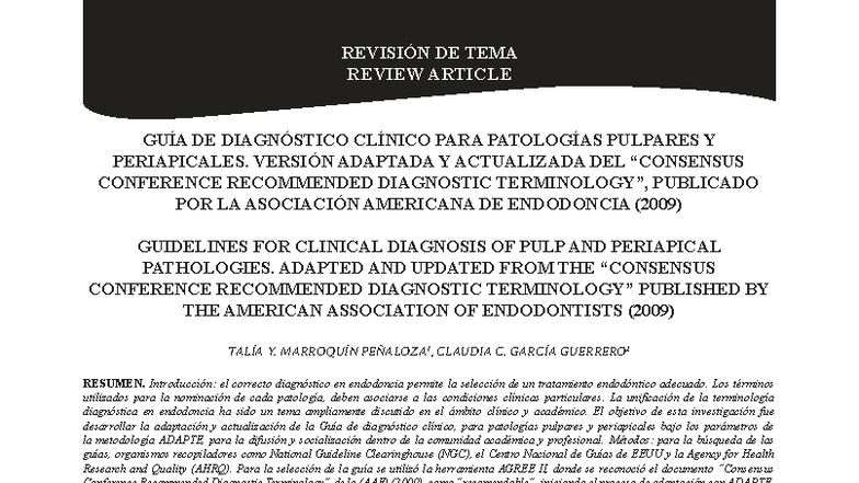 GUÍA DE DIAGNÓSTICO CLÍNICO PARA PATOLOGÍAS PULPARES Y PERIAPICALES
