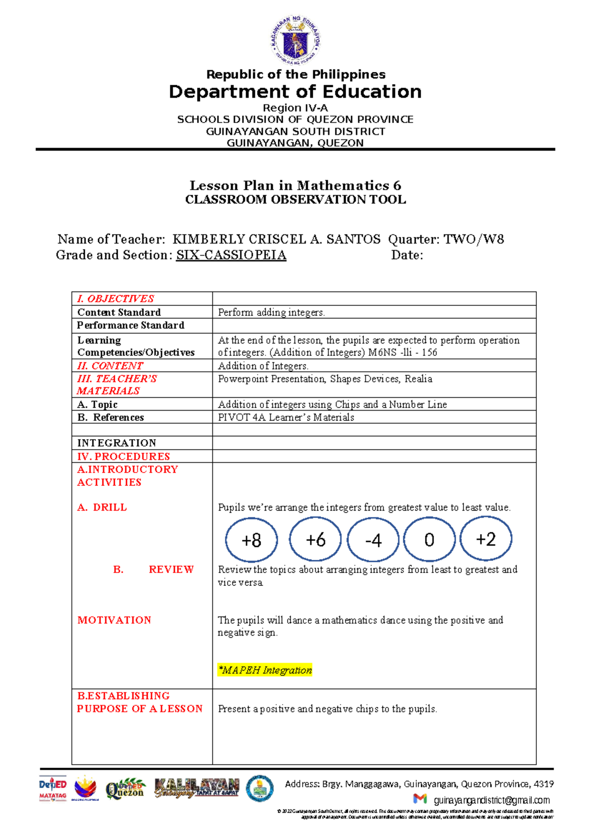 COT 2 MATH 24 - Lesson Plan on Adding Integers for Grade 6 - Studocu