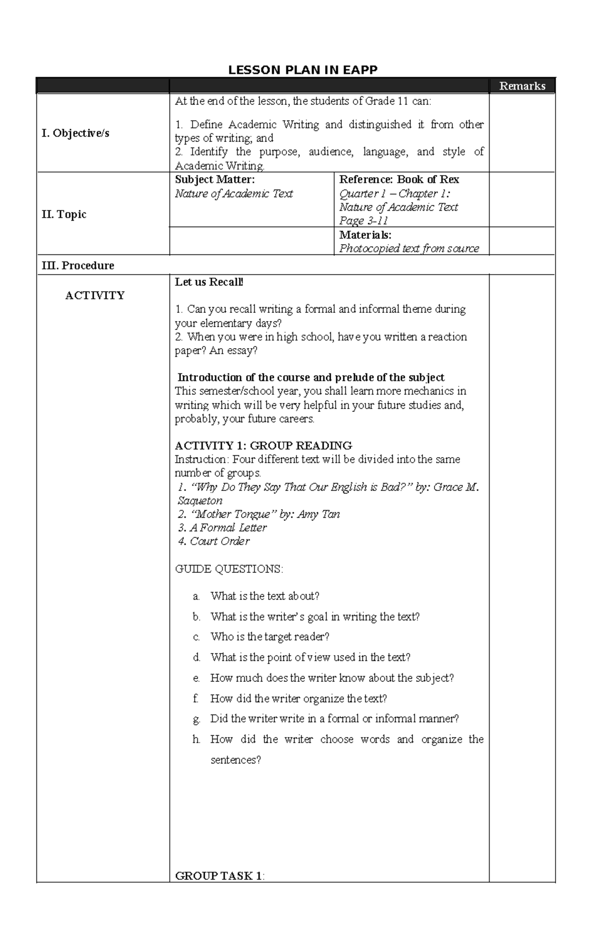 Grade 11 EAPP Lesson Plan: Understanding Academic Text Features - Studocu