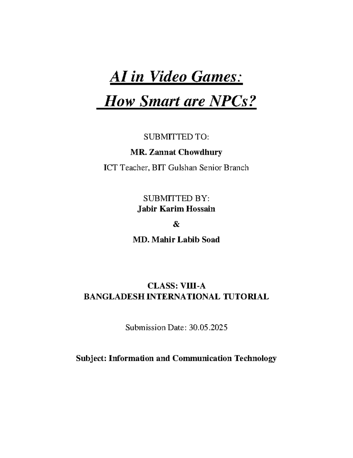 ICT Research Paper: AI Advancements in NPCs for Video Games - Studocu