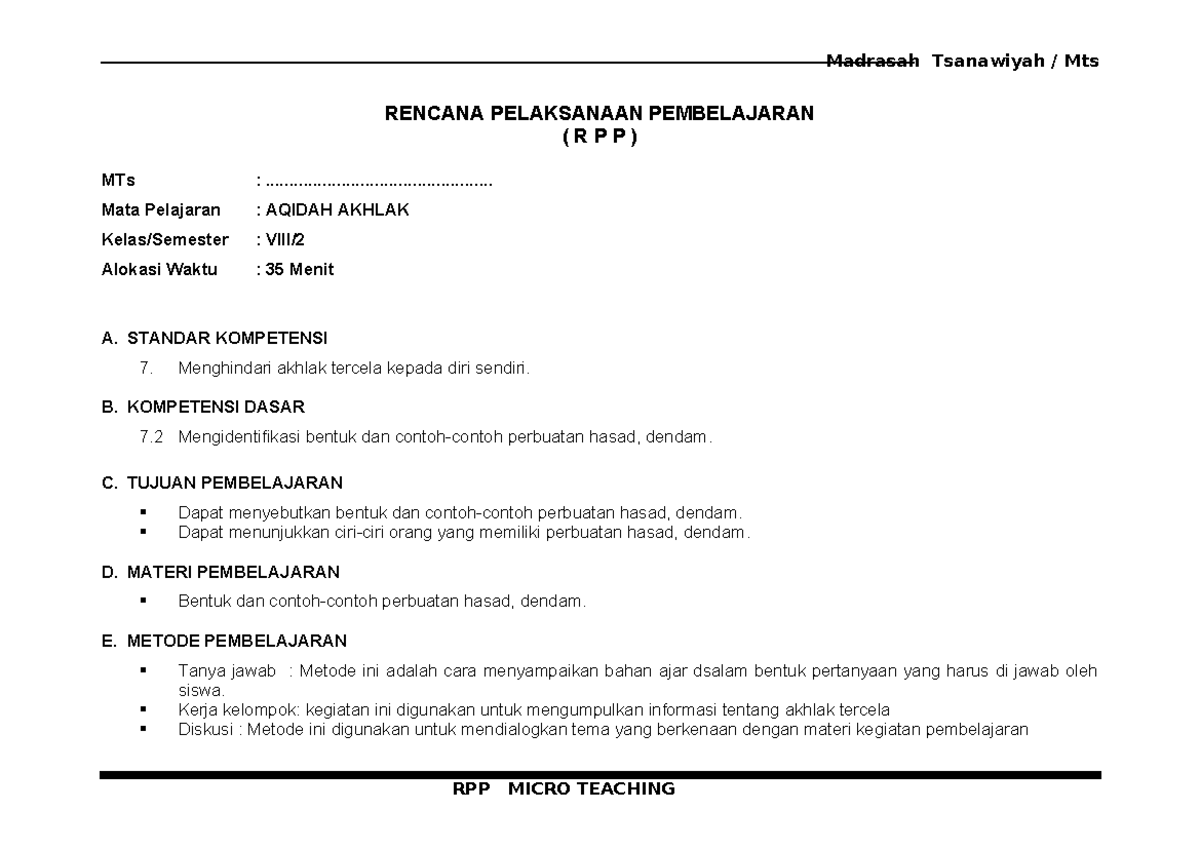 RPP Micro Teaching: Tanya Jawab Aqidah Akhlak MTs Kelas VIII - Studocu