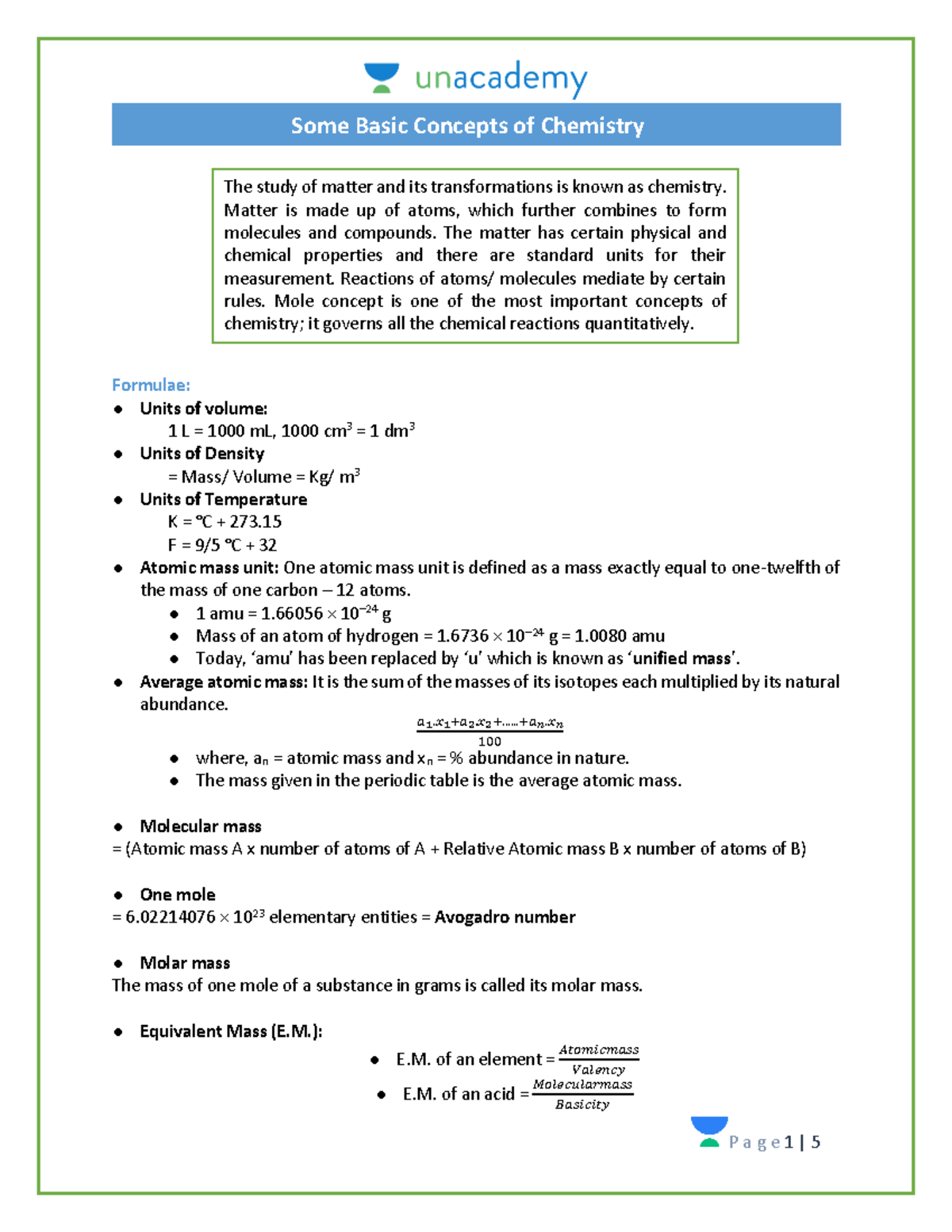 Formula Sheet - Basic Chemistry Concepts for Course CHEM 1 - Studocu