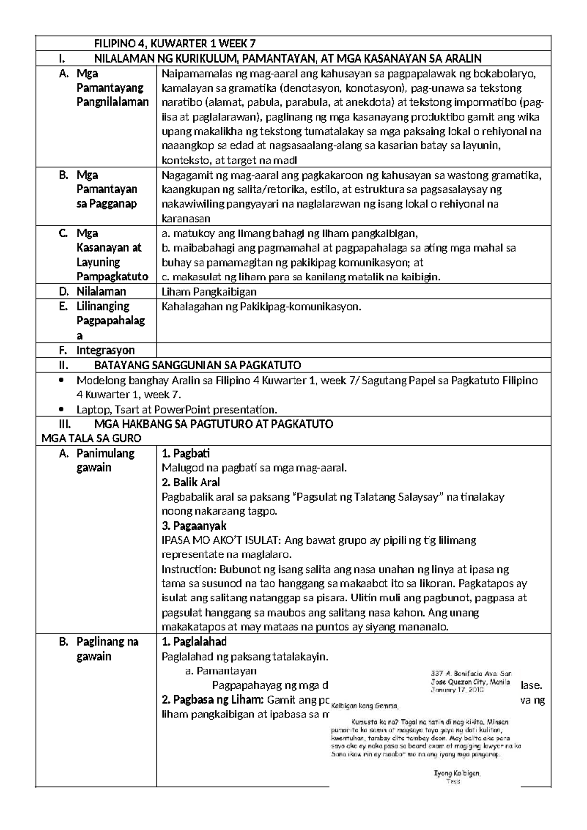 FILIPINO 4: Lesson Plan sa Liham Pangkaibigan, Kuwarter 1, Linggo 7 ...