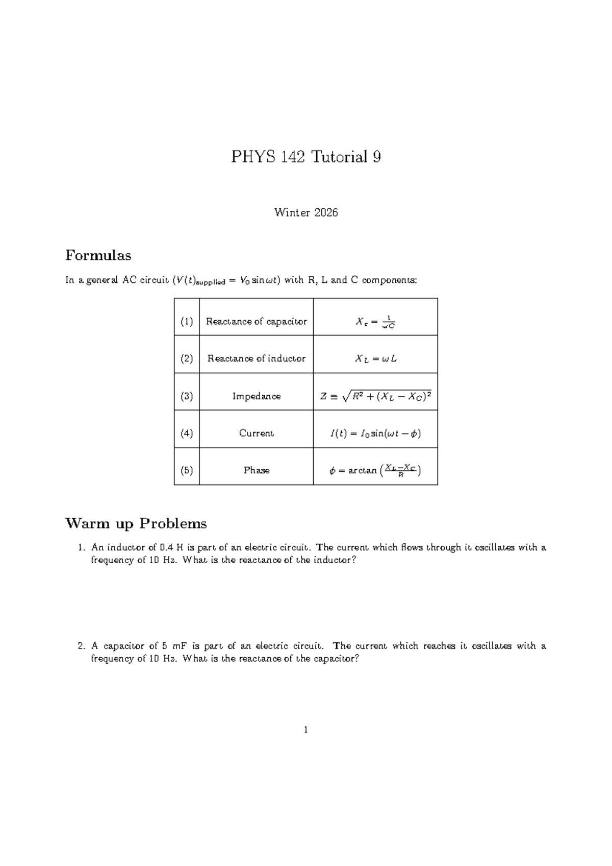 PHYS 142 Tutorial 9 Winter 2026: AC Circuit Formulas & Problems - Studocu