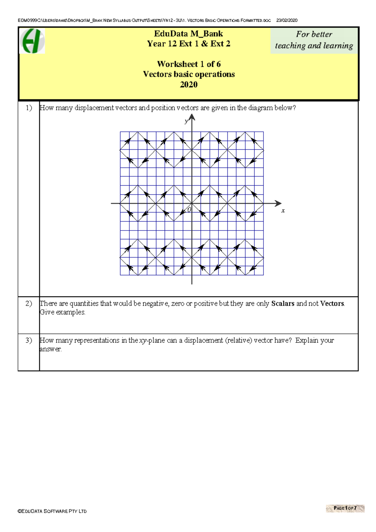 Year 12 Ext 1 & 2: Basic Vector Operations Worksheet - Studocu