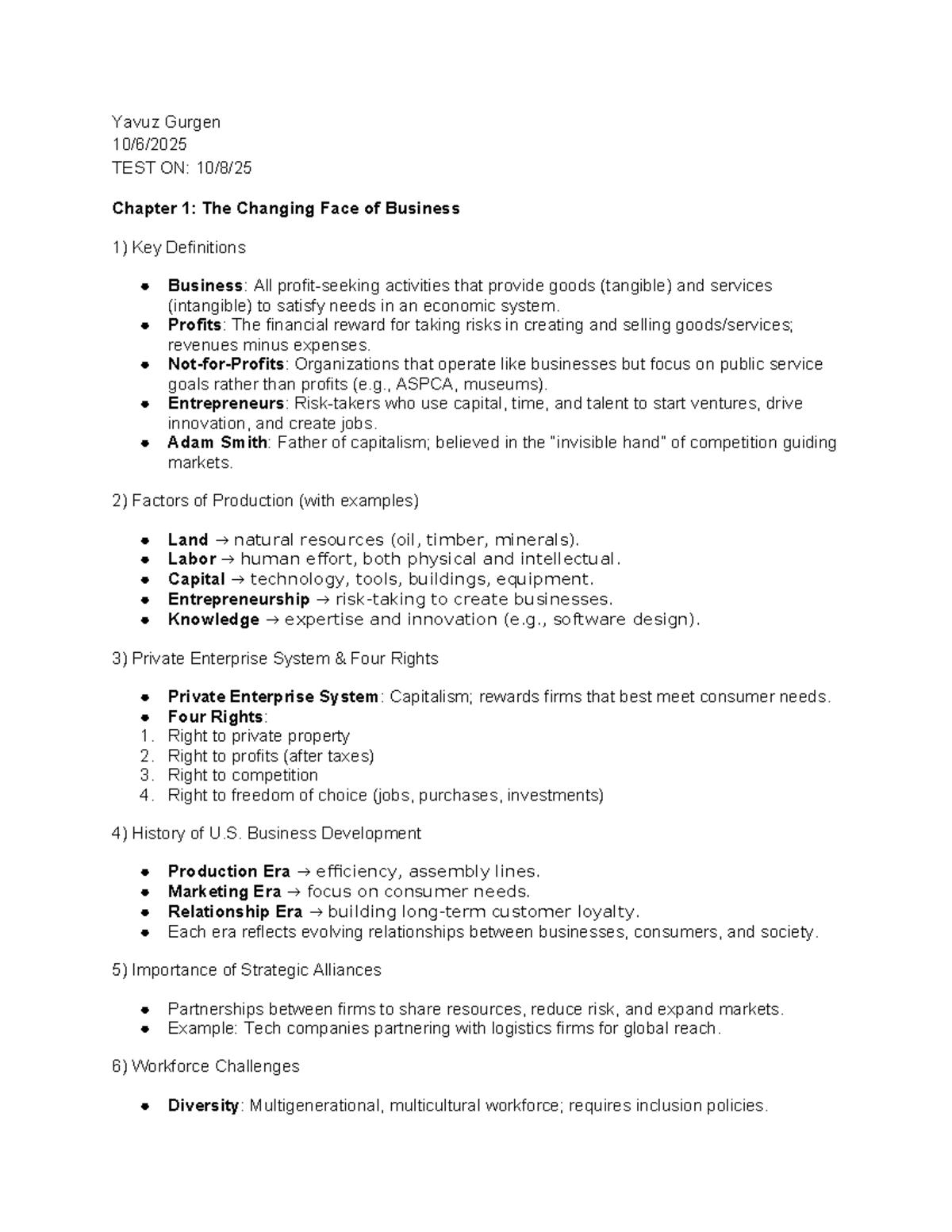 Intro to Business (BUS101) Exam Study Guide: Key Concepts & Definitions ...
