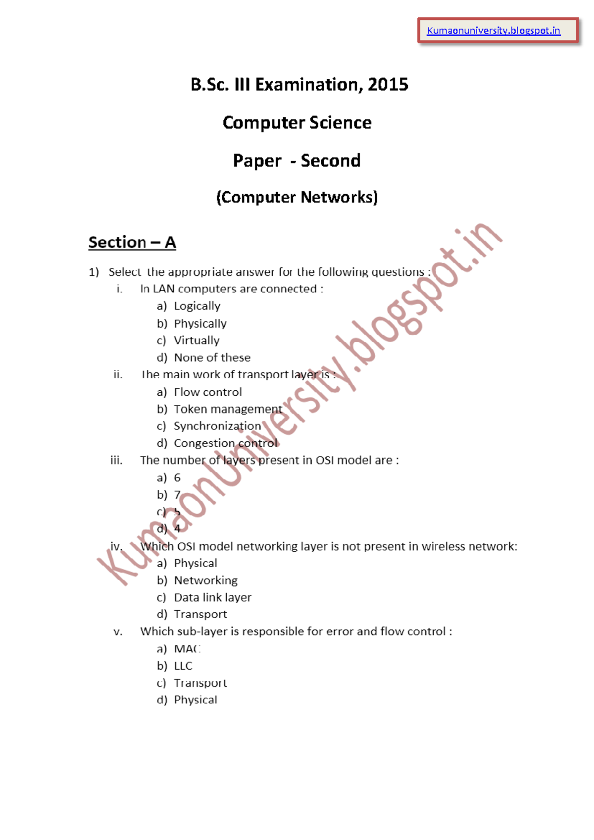 BSc III CS paper II Computer Networks 2015 - Bachelor of science - B ...