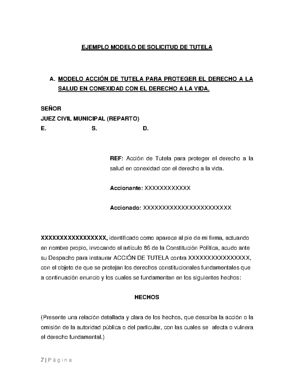 Modelo de Solicitud de Tutela para Derecho a la Salud y Vida - Studocu