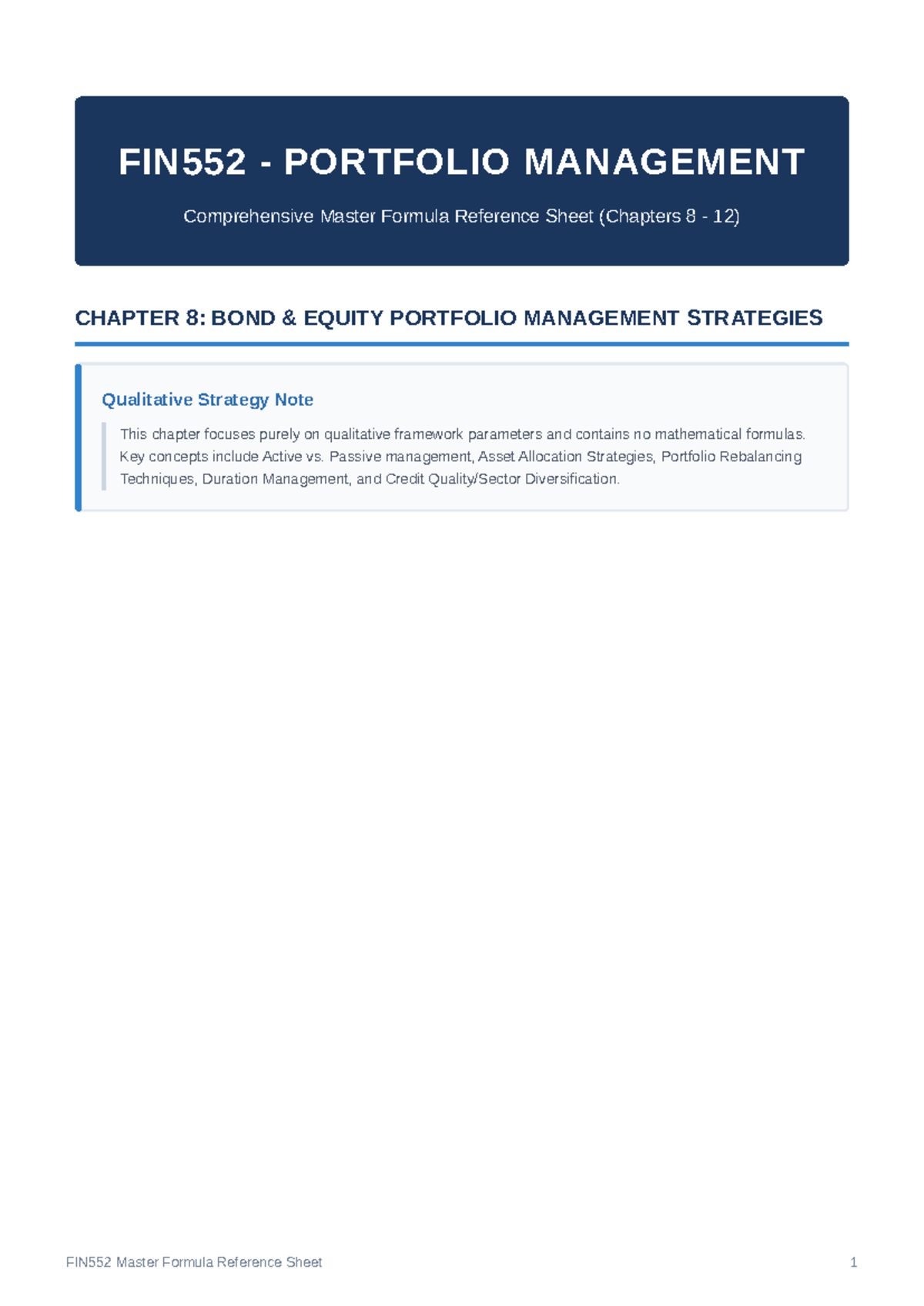 FIN552 PORTFOLIO MANAGEMENT Comprehensive Formula Reference (Ch. 8-12 ...