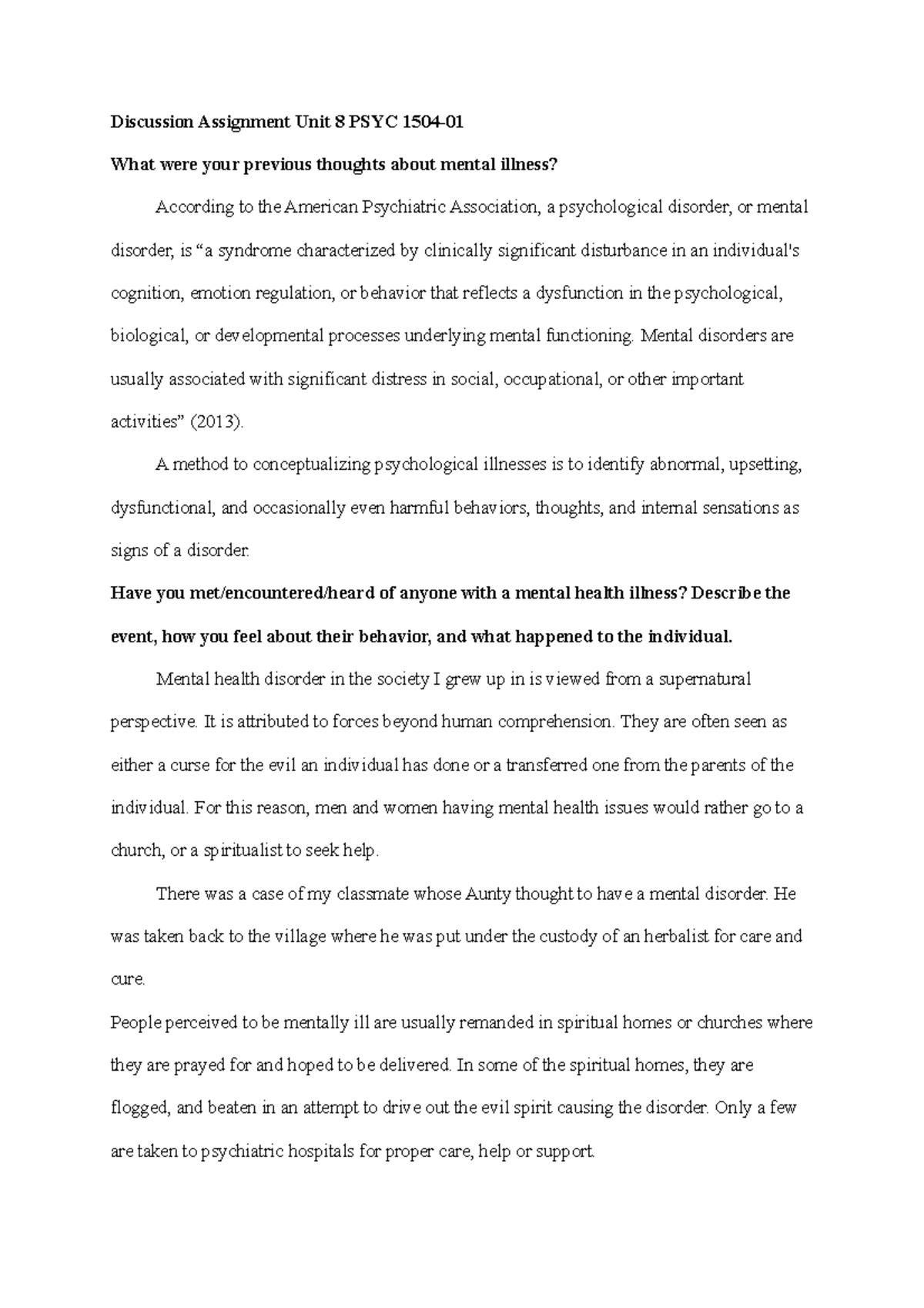 Unit 8 Discussion Assignment on Mental Illness Perspectives PSYC 1504 ...